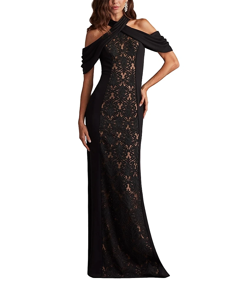 Tadashi Shoji Kato Embroidered Off-Shoulder Halter Gown