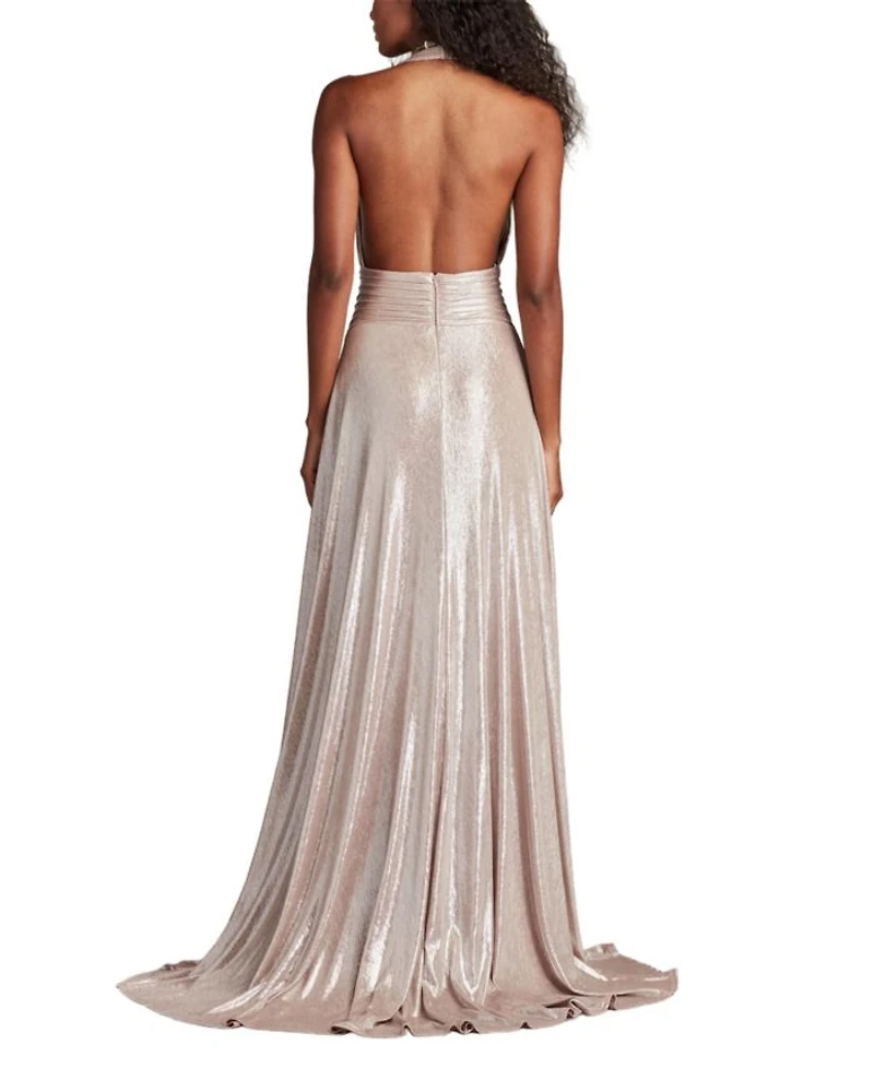 Zarelle Pleated Metallic Halter Gown