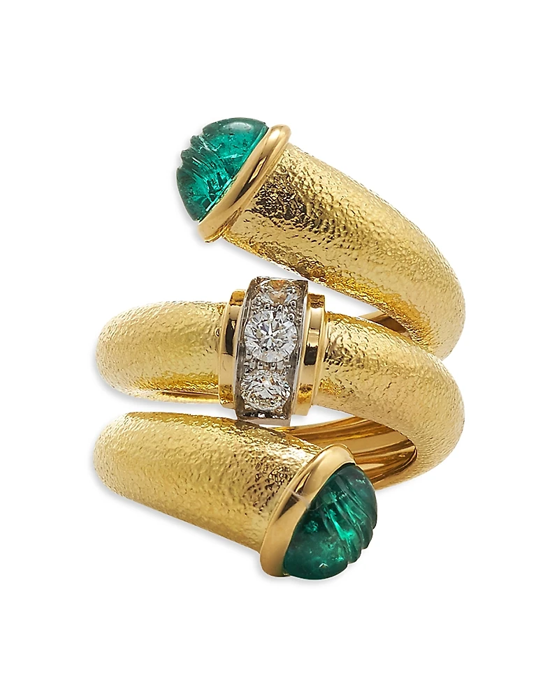 David Webb Diamond Carved Emerald Pipe Ring