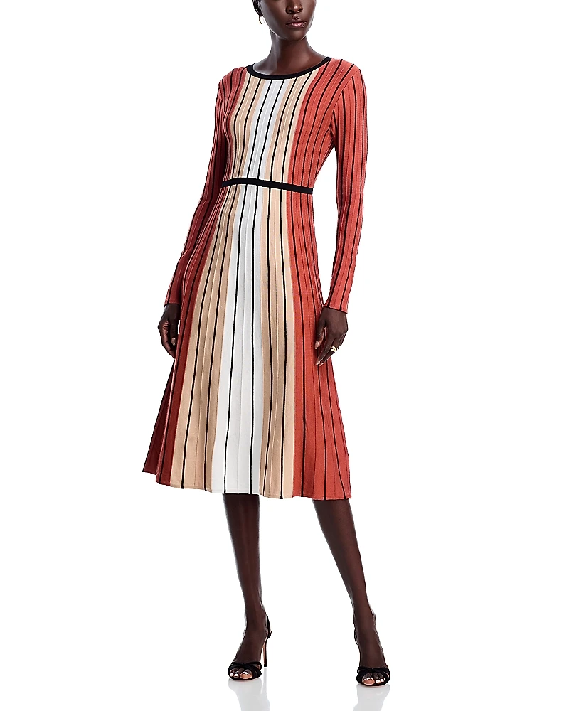 T Tahari Long Sleeve Round Neck Vertical Color Block Stripe Dress