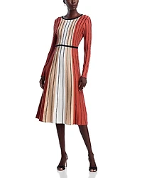 T Tahari Long Sleeve Round Neck Vertical Color Block Stripe Dress