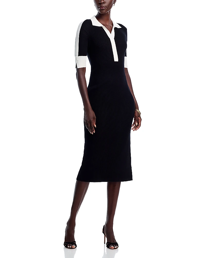 T Tahari Elbow Sleeve Split V Neck Collar Rib Dress with Contrast Trim