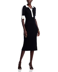 T Tahari Elbow Sleeve Split V Neck Collar Rib Dress with Contrast Trim