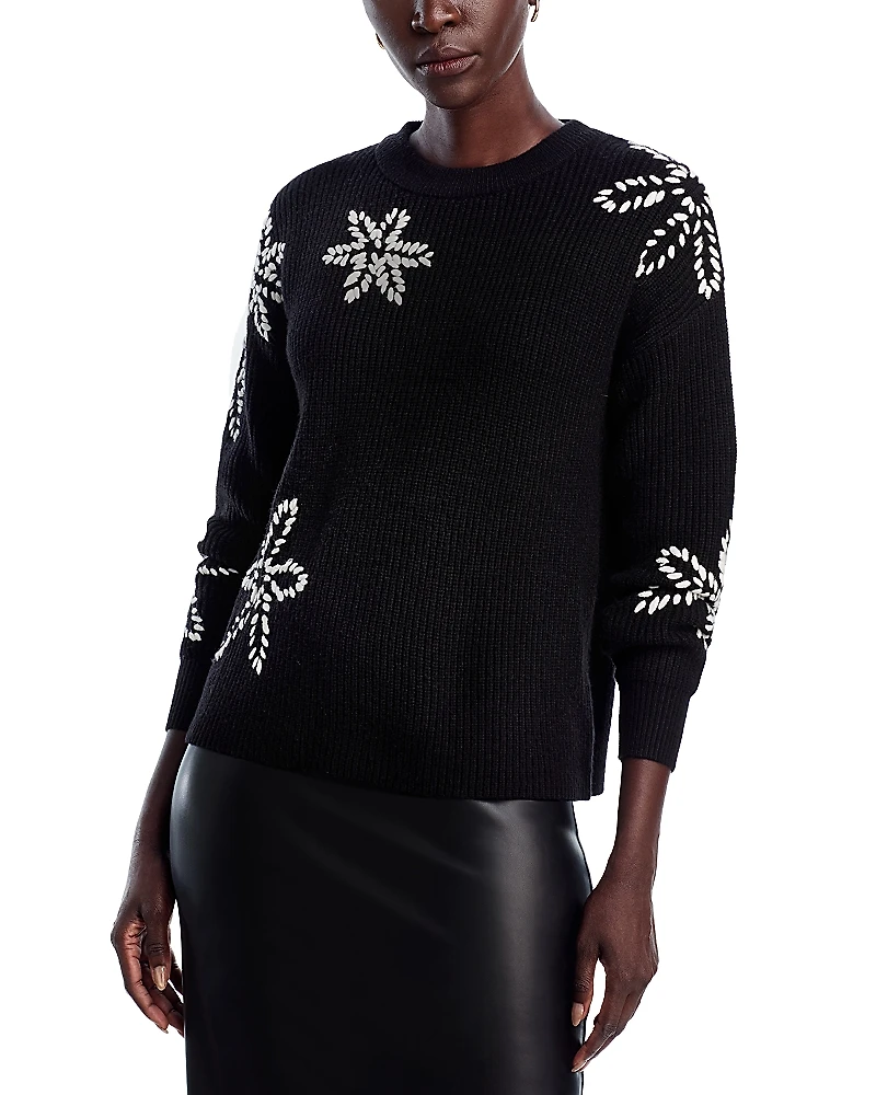 T Tahari Long Sleeve Crewneck Sweater with Floral Embroidery