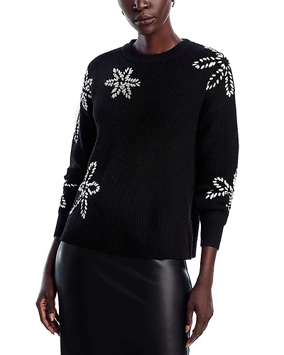 T Tahari Long Sleeve Crewneck Sweater with Floral Embroidery