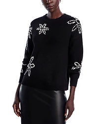 T Tahari Long Sleeve Crewneck Sweater with Floral Embroidery