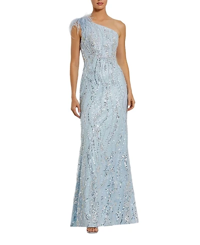 Mac Duggal Feathered One Shoulder Embroidered Applique Gown