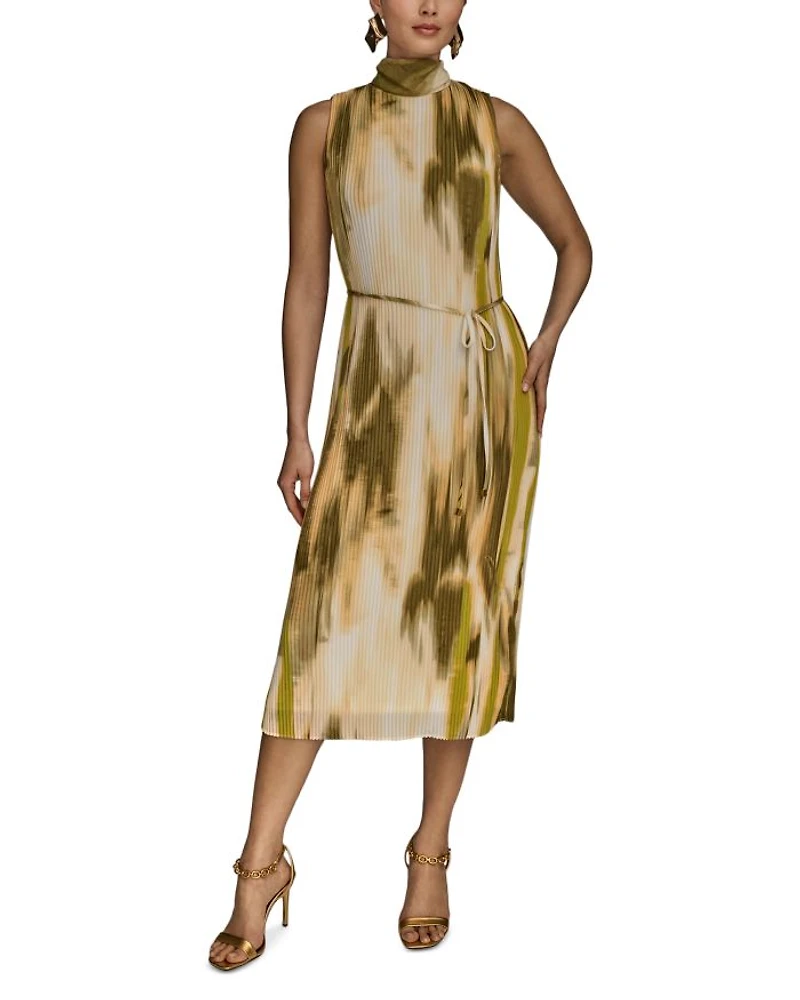 Sleeveless Mock Neck Pleated Midi Dress
