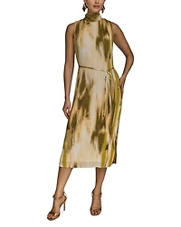 Sleeveless Mock Neck Pleated Midi Dress