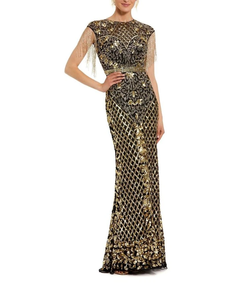 High Neck Sleeveless Beaded Fringe Fitted Gown
