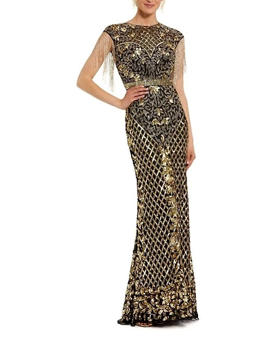 High Neck Sleeveless Beaded Fringe Fitted Gown