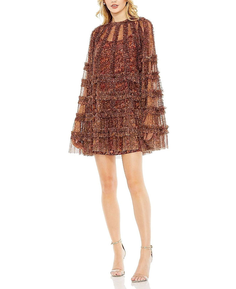 Mac Duggal Floral Print Long Flare Sleeve Mesh A-Line Dress