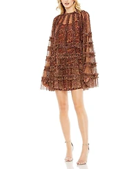 Mac Duggal Floral Print Long Flare Sleeve Mesh A-Line Dress