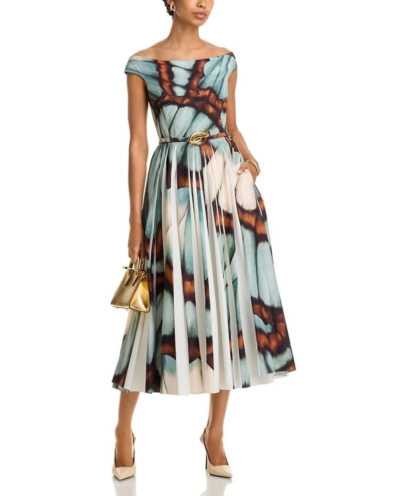Scoop Neck Butterfly Poplin Pleated Dress