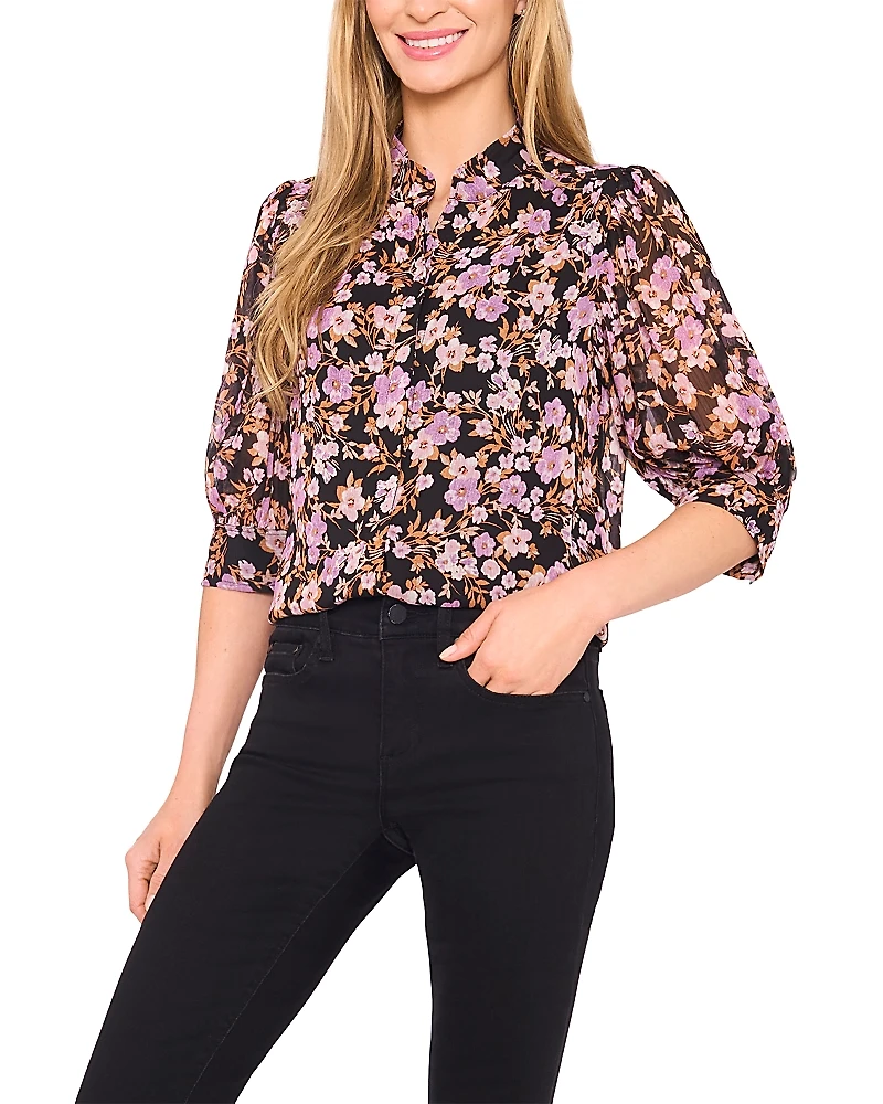 CeCe Printed Ruched Sleeve Top