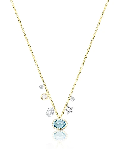 Meira T 14K White & Yellow Gold Blue Topaz, White Topaz & Diamond Multi Charm Pendant Necklace, 16-18