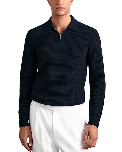 Reiss Hamilton Long Sleeved Half Zip Square Textured Wool Polo Shirt