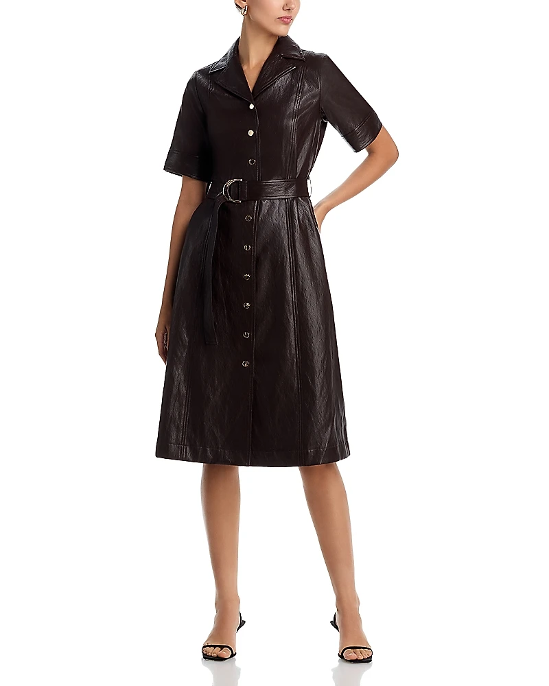 T Tahari Faux Leather Short Sleeve Button Down Fit & Flare Dress