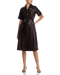 T Tahari Faux Leather Short Sleeve Button Down Fit & Flare Dress