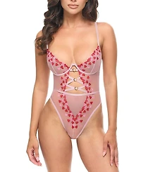 Oh La Cheri Sweety Sheer Heart Embroidered Teddy Bodysuit