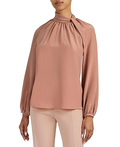 Santorelli Dakota Silk Mock Neck Blouse with Long Lantern Sleeves