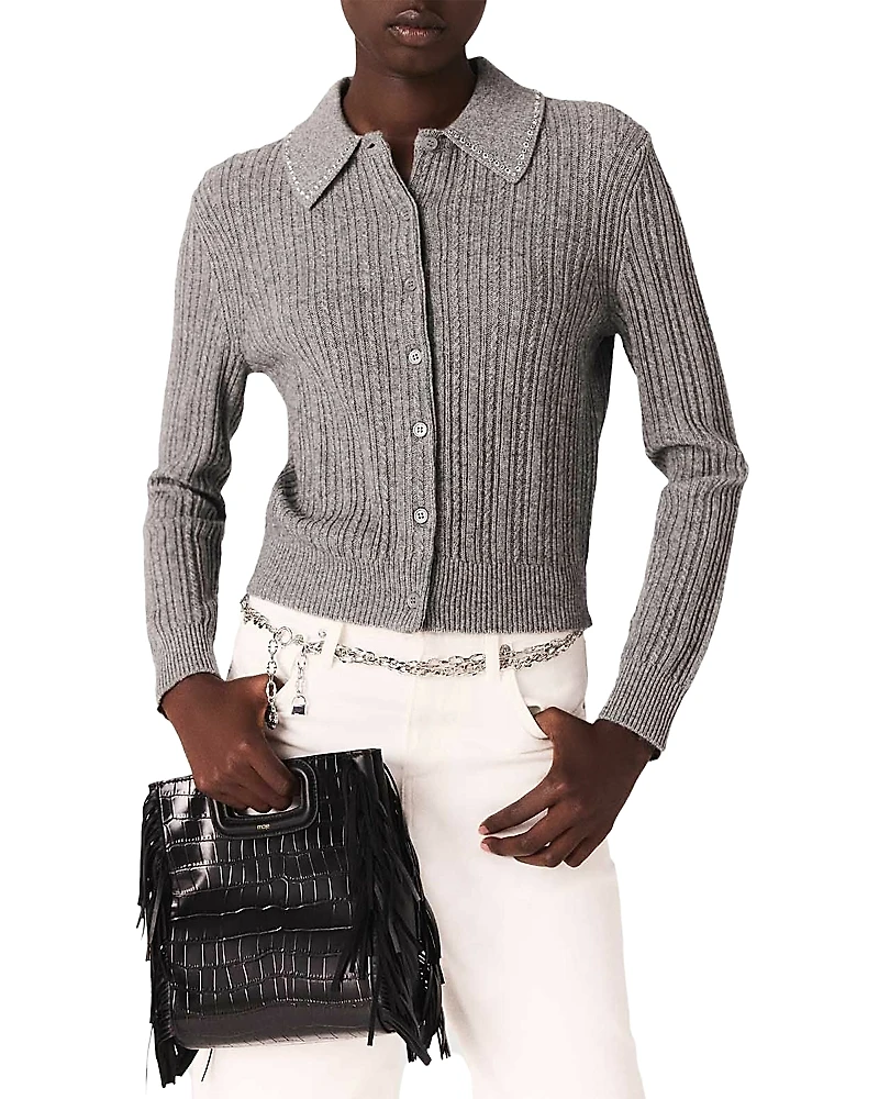 Maje Embellished Wool Cardigan Sweater