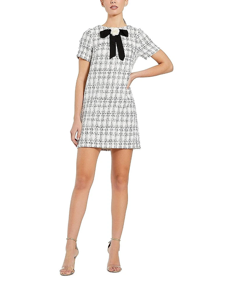 Mac Duggal Short Sleeve High Neck Boucle Mini Dress