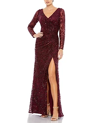 Mac Duggal Long Sleeve Ruched Sequined V-Neck Gown