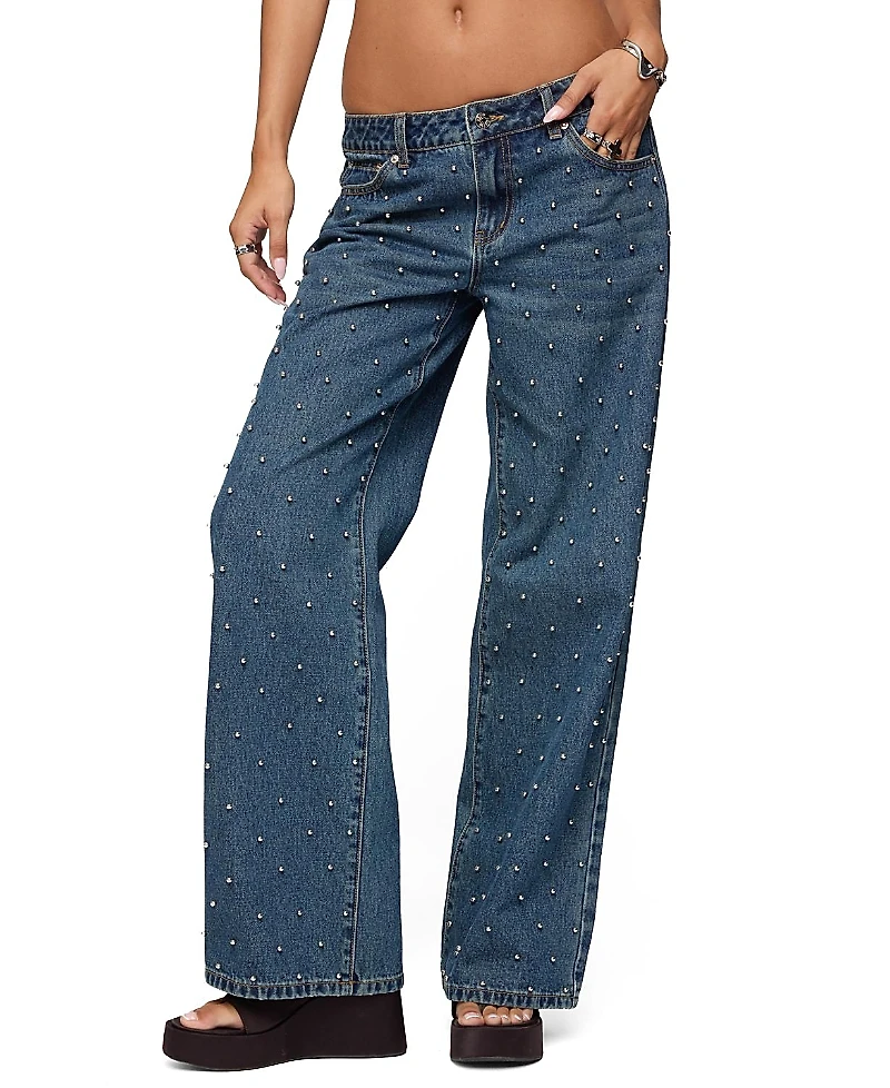 Edikted Esmay Studded Low Rise Blue-Washed Jeans