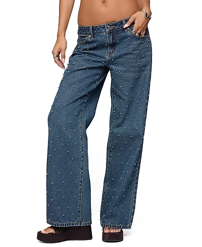 Edikted Esmay Studded Low Rise Blue-Washed Jeans