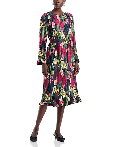 T Tahari Round Neck Novelty Pleated Dress