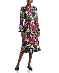 T Tahari Round Neck Novelty Pleated Dress