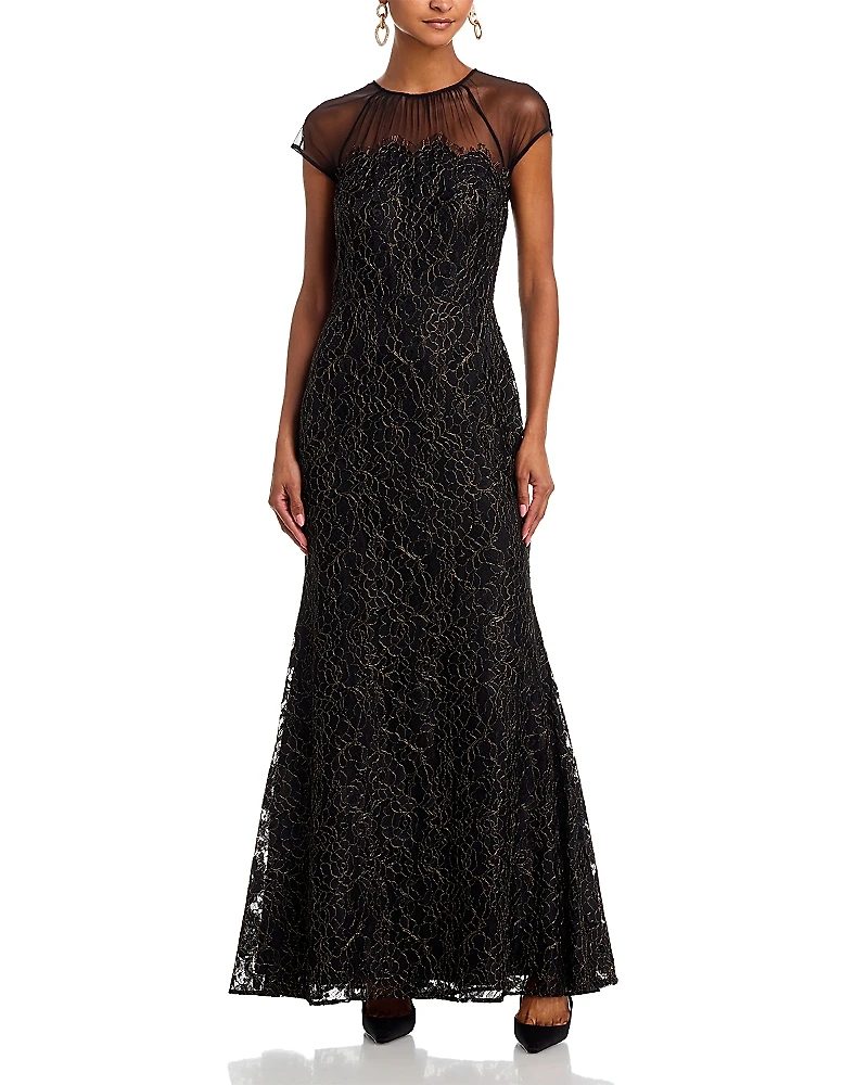 Eliza J Raglan Cap Sleeve Shirred Illusion Neck Mermaid Gown