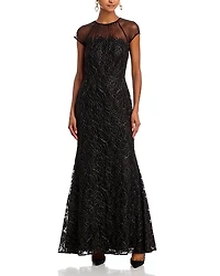 Eliza J Raglan Cap Sleeve Shirred Illusion Neck Mermaid Gown