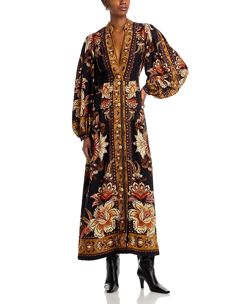 Farm Rio Majestic Garden Buttoned Puff Sleeve Maxi Dress