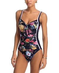 Johnny Was Baccara Tie Front Ruched One Piece Swimsuit