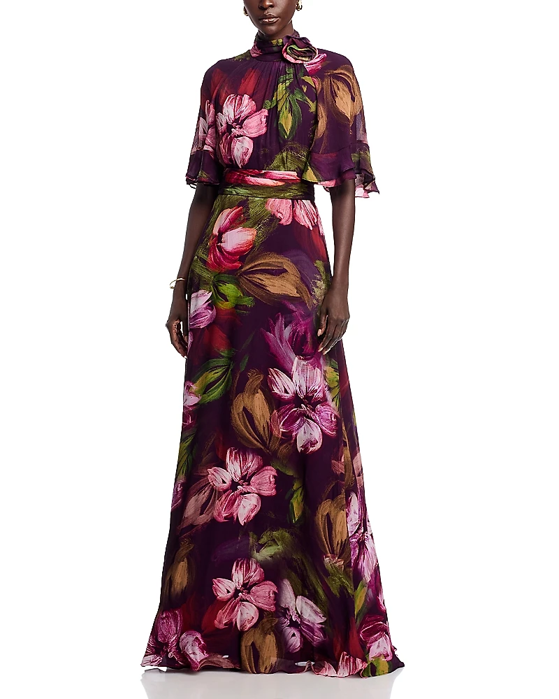 Teri Jon by Rickie Freeman Floral Flutter Sleeve Mock Neck Gown
