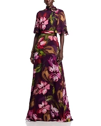 Teri Jon by Rickie Freeman Floral Flutter Sleeve Mock Neck Gown