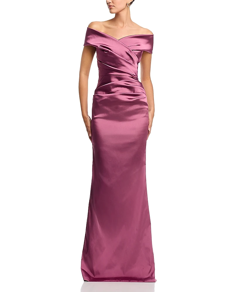 Teri Jon by Rickie Freeman Satin Stretch Off The Shoulder Gown