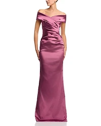 Teri Jon by Rickie Freeman Satin Stretch Off The Shoulder Gown