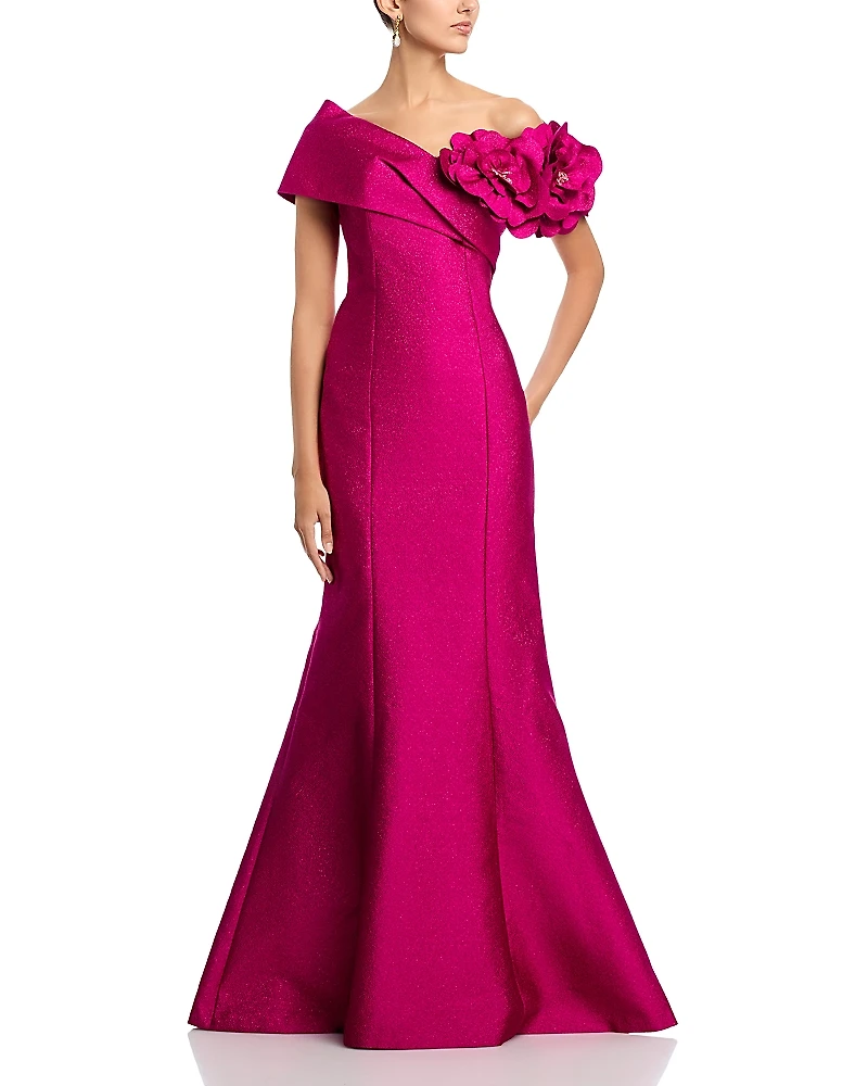 Teri Jon by Rickie Freeman Pebble Jacquard 3D Flower Gown