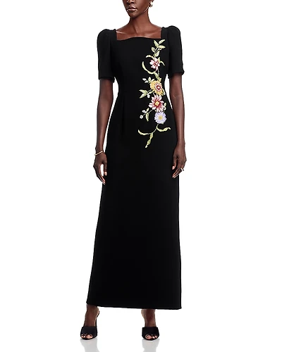 Teri Jon by Rickie Freeman Floral Applique Crepe Gown