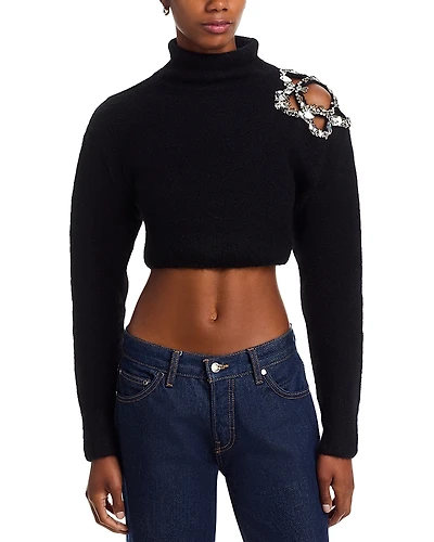 Area Crystal Turtleneck Cluster Flower Cropped Sweater