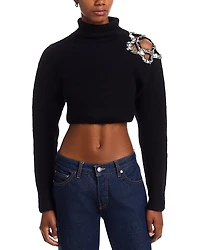 Area Crystal Turtleneck Cluster Flower Cropped Sweater