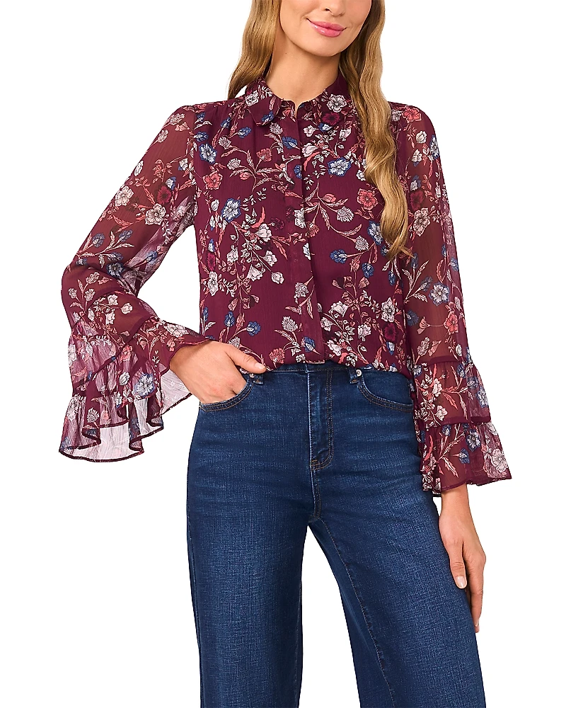 CeCe Ruffle Cuff Button Down Blouse