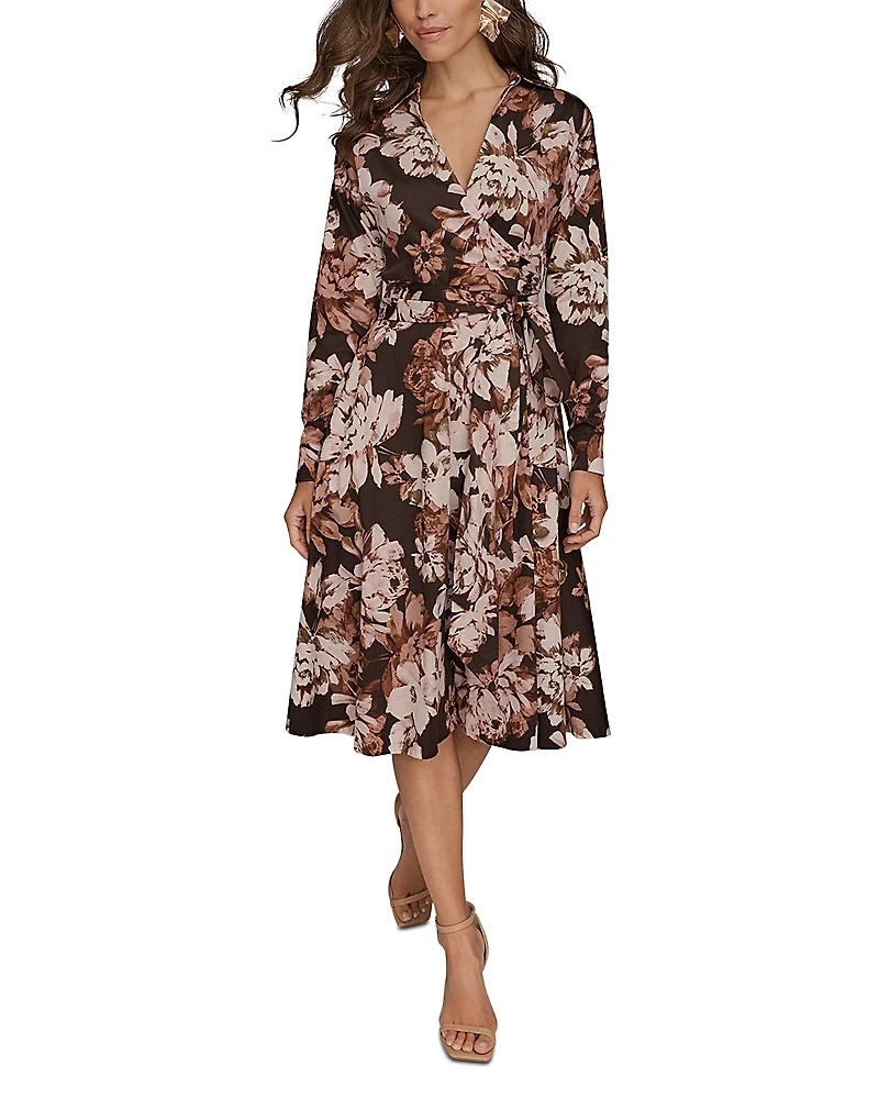 Donna Karan Floral Tie Waist Midi Dress