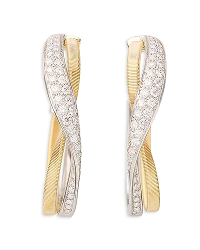 Marco Bicego 18K Yellow Gold Marrakech Diamond Pave Twist Hoop Earrings