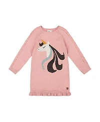 Deux par Girls' Knitted Dress with Unicorn Intarsia - Big Kid