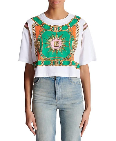 Balmain Cropped T-Shirt with Foulard Print