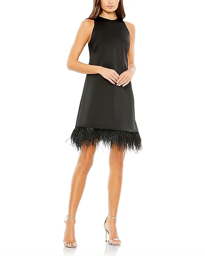Mac Duggal Feathered Hem High Neck Sleeveless A Line Dress